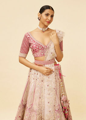 Coral Pink Bel Buti Embroidered Bridal Lehenga image number 3